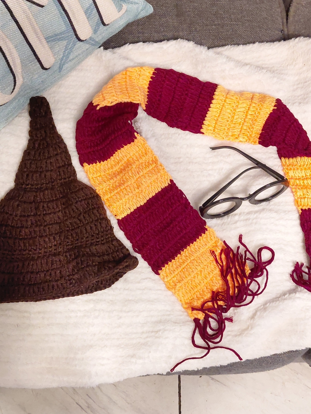 Baby Toddler Gryffindor-Inspired Maroon & Gold Scarf with Brown Wizard Hat